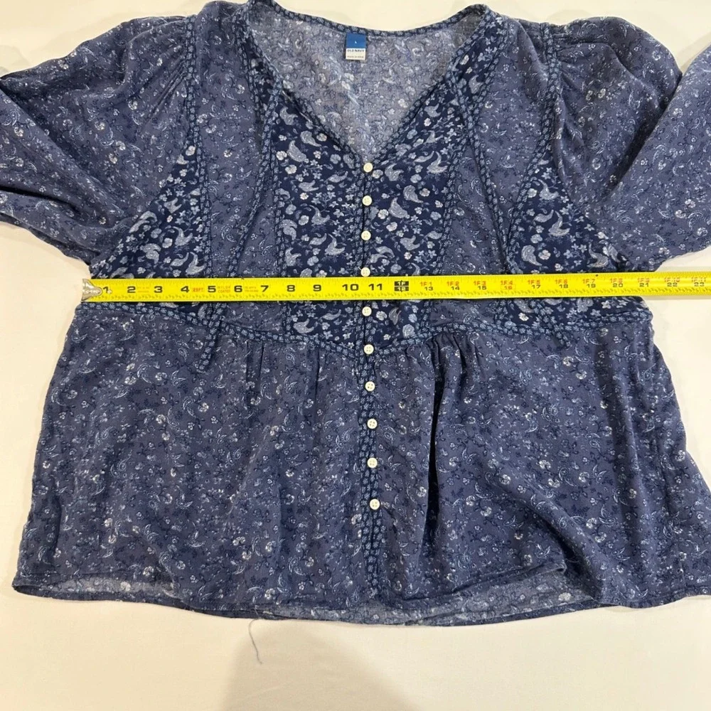 Old Navy Blouse Top Womens Large Blue Cotton Rayon Paisley Floral Peplum Boho L